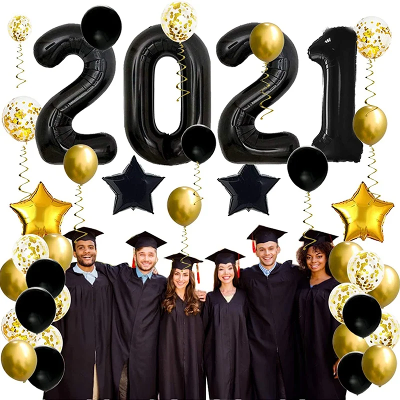 

40 Inch Black 2021 Balloons, New Years Eve Party Decorations 2021, Graduation Party, Black and Gold Star Mylar Balloons