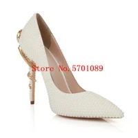 crystal fashion wedding shoes woman rhinestone pearls point toe metal snake 11cm high heel shoes pearls wedding pumps