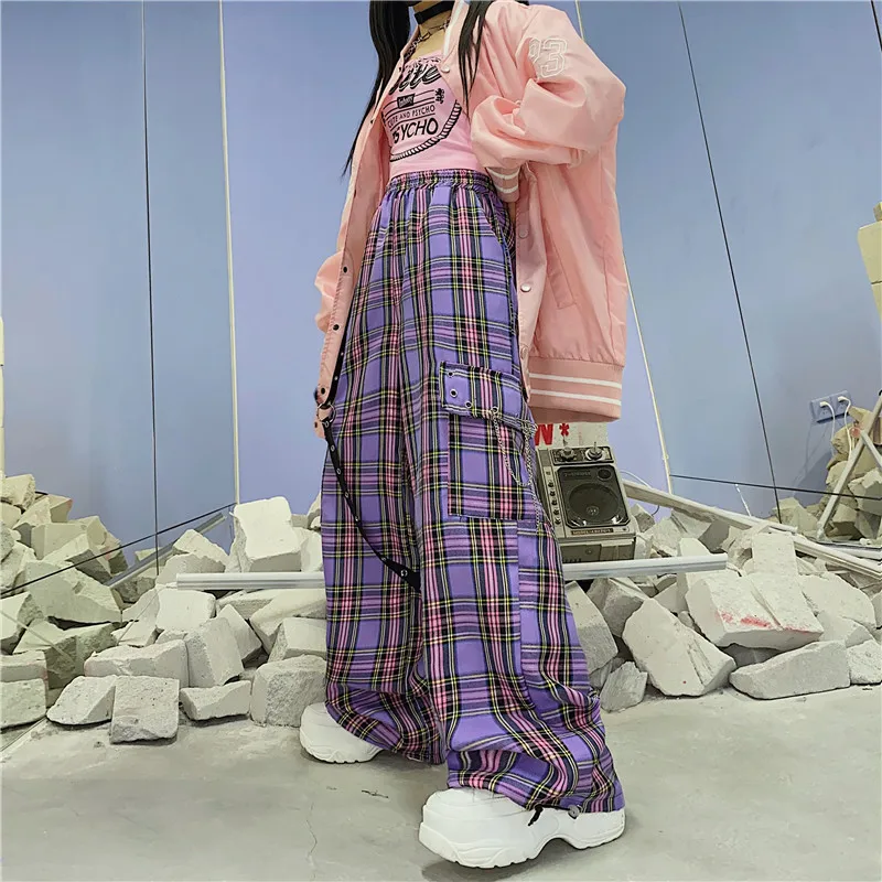 Y2K Cargo Pants Women Hippie Purple Plaid Pants Harajuku Streetwear Chain Checked Trousers High Waist Aesthetic