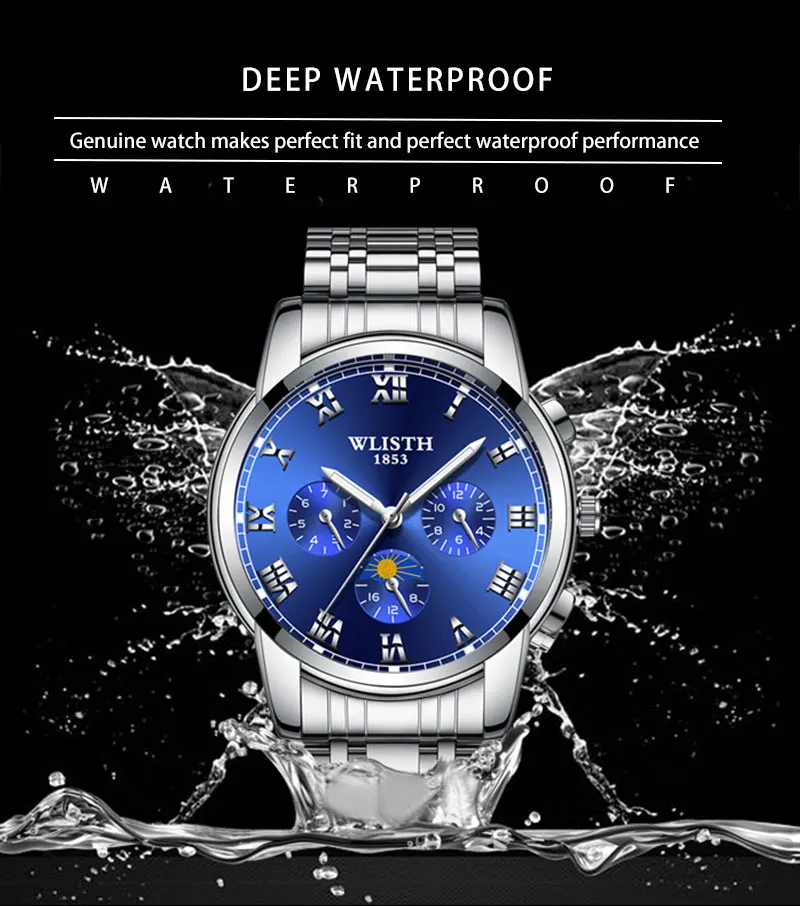 WLISTH relogio masculino мужские водонепроницаемые модные часы мужские кварцевые наручные часы люксовый бренд часы
