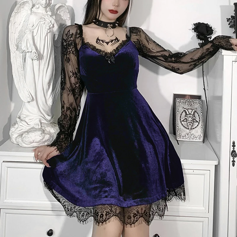 E-girl Grunge Gothic Black Mini Dress Lace Trim High Waist Bodycon Dress Y2K Women 90s Vintage Punk Harajuku Lolita Clothes images - 6