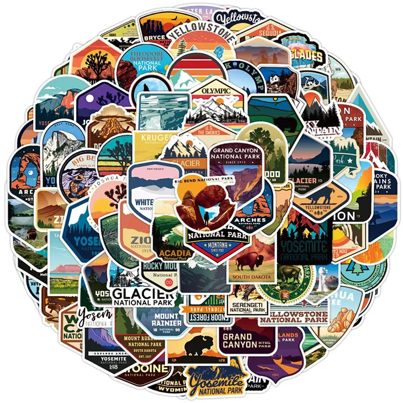 

30/50/100pcs National Park Stickers DIY Motorcycle Travel Luggage Guitar Skateboard Cool Graffiti Stickers Decal Kids Toys Gifts