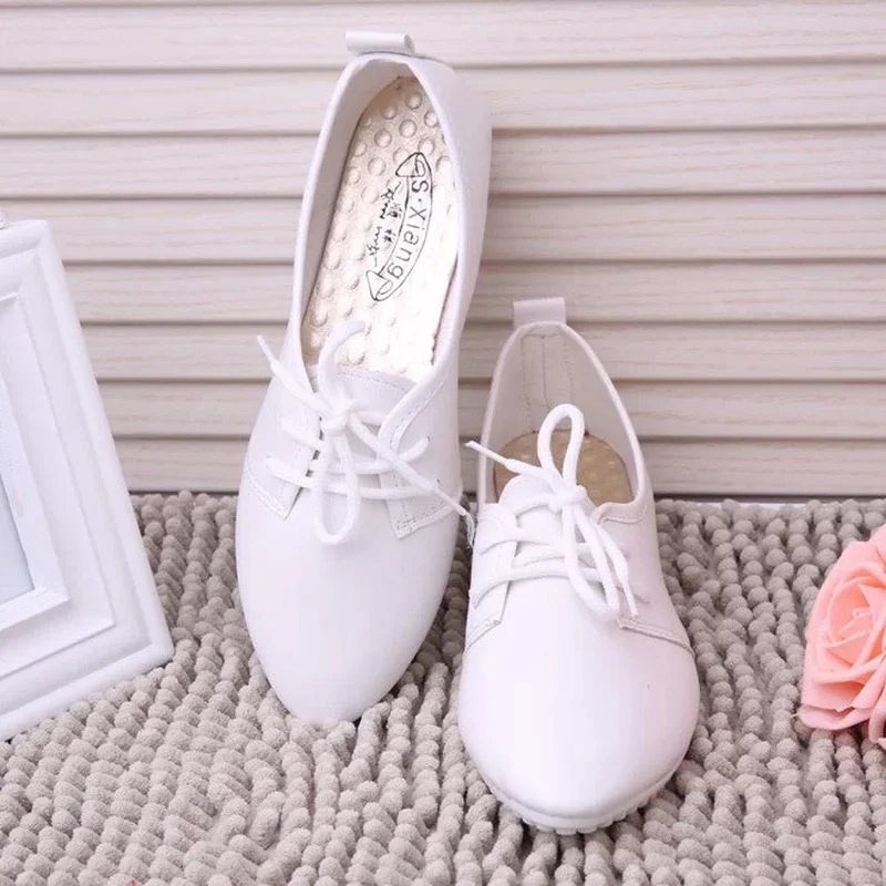 

2020 New Korean Style Lace-up White Shoes Single Shoes Peas Shoes Flat Heel Shallow Mouth Flat Shoes Solid Color Women