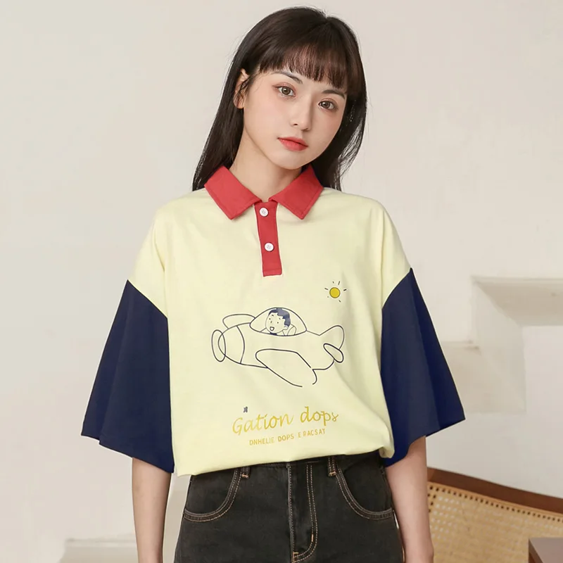Футболка поло светло 2021 новые свободные контрастных цветов рубашка школьница
