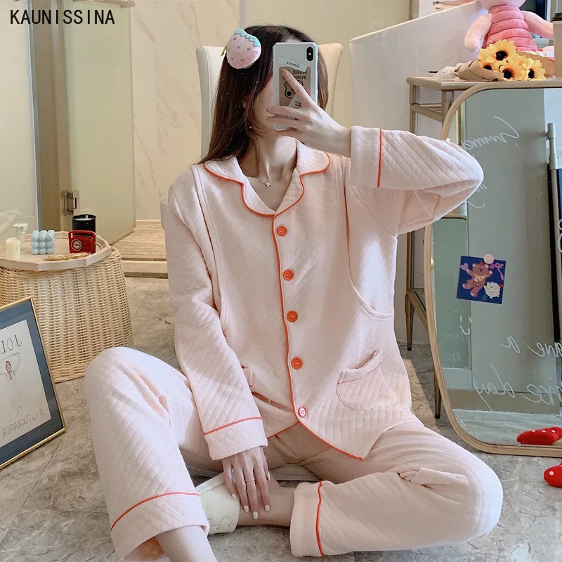 

Женская Хлопковая пижама, комплекты нижнего белья, толстая одежда с открытой пряжкой и отворотом, одежда для послеродового питания, пижамны...