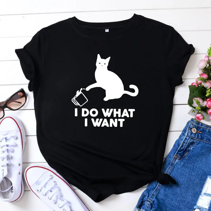 Летняя женская футболка с надписью I DO WHAT WANT топы милым принтом кота повседневный