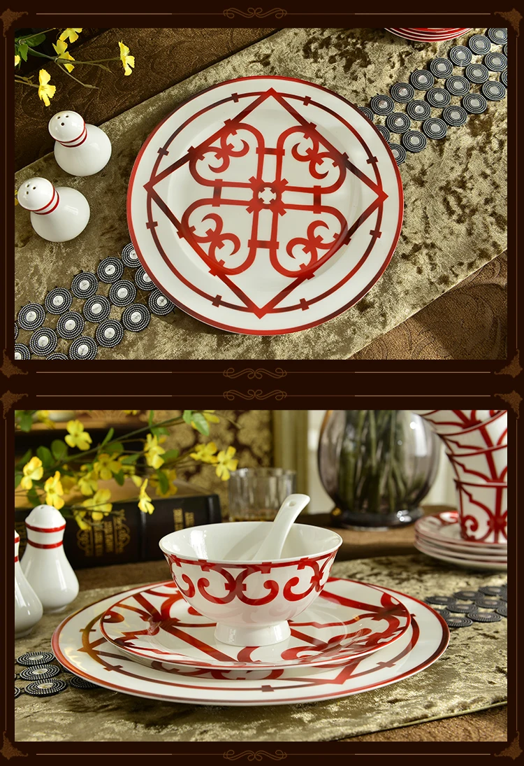 

43PCS European Red Dinner Set Porcelain Kitchen Accessories Tableware Serving Plate Luxury Bone China Wedding Housewarming Gift