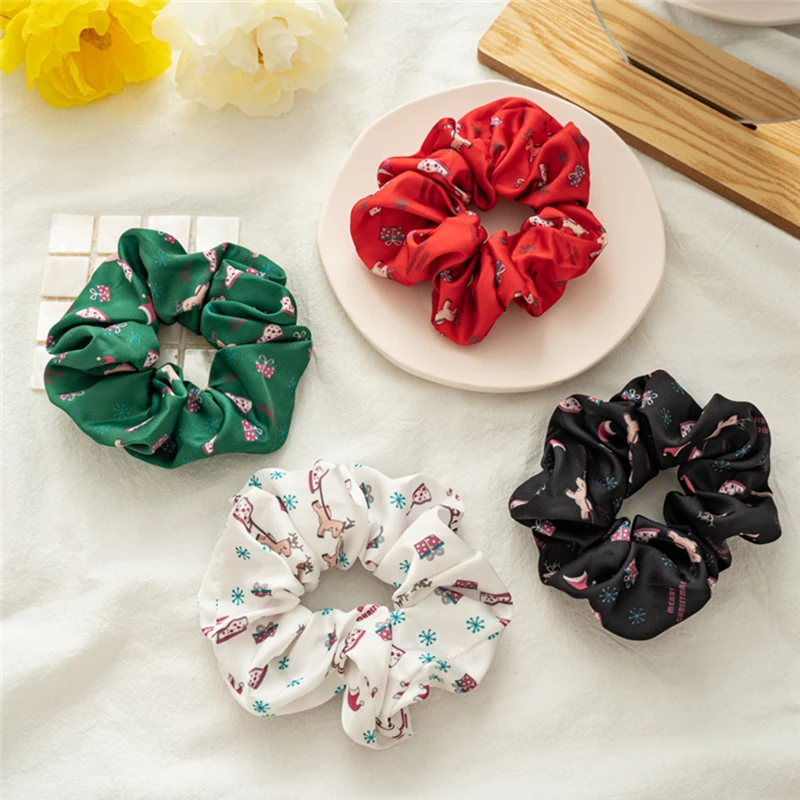 

Christmas Scrunchies Satin Print Hair Rope Handmade Hair Accessories Elastic Hair Bands Ponytail Holder Hair Ties Xmas Hair Ring