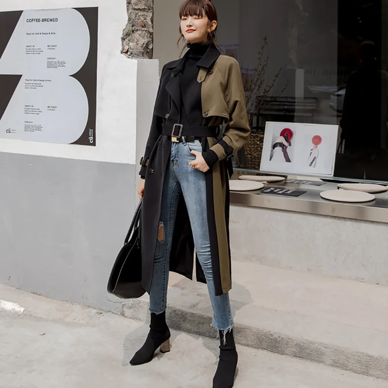 

Trench Coat for Women Black Long Section Autumn Hit Color Korean Waist Was Thin Thick British Style Stitching Jacket Female Y360