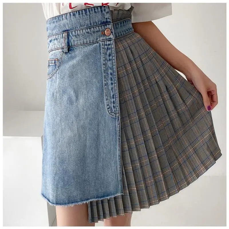 Женская летняя джинсовая юбка в клетку прошитая Студенческая плиссированная с