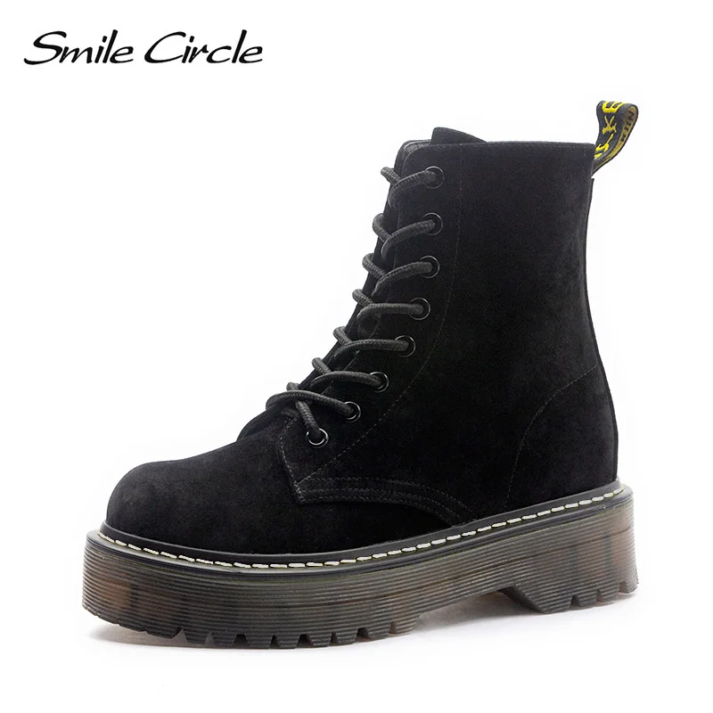 Женские мотоциклетные ботинки со смайликом и круглым Size36-41; сезон осень; коллекция года; модные армейские ботинки с круглым носком на шнуровке; женская обувь - Цвет: Suede black