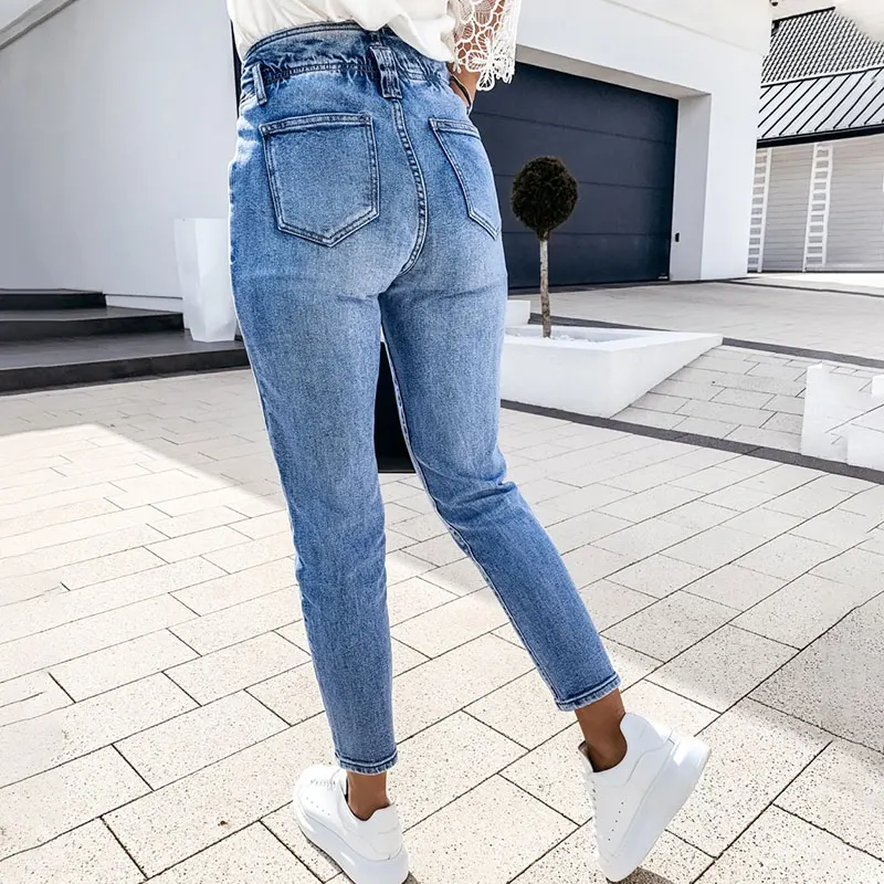 

Women's Blue High Waist Pencil Jeans Slim Button Pockets Ladies Denim Pants 2021 Spring Vintage Streetwear Trouser Female Bottom