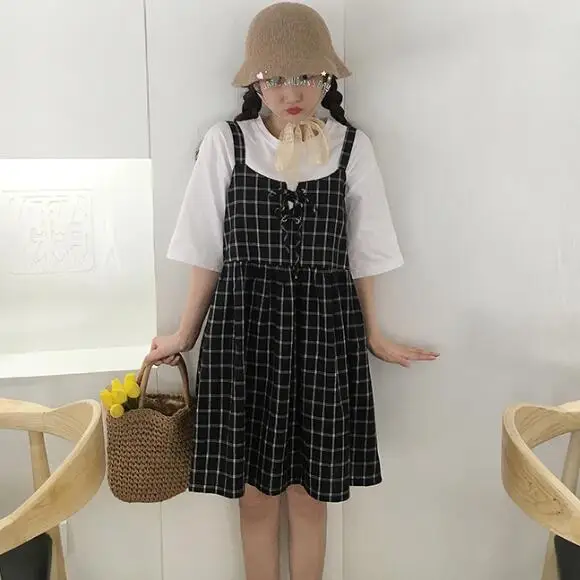 2020 женские летние милые клетчатые сарафаны на бретелях для студентов корейские