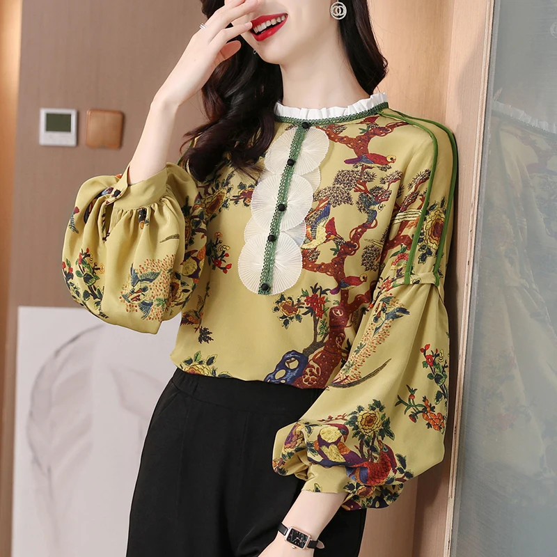 

Vintage Satin Blouse Ladies Lantern Sleeve Elegant Women's Shirt Print Ruffles Lady Tops Patchwork Ethnic Office Blouses