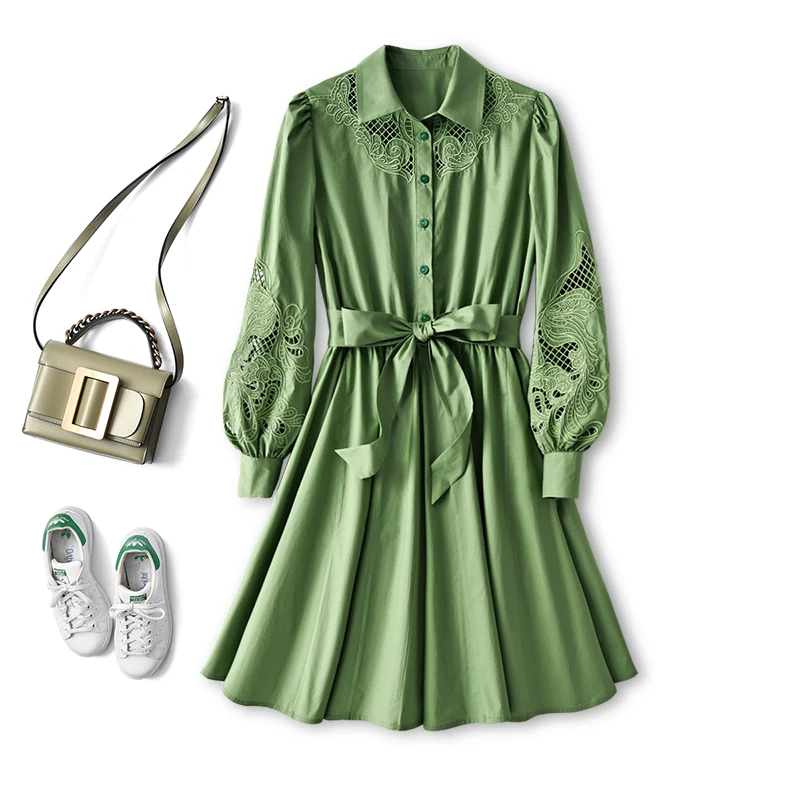 

SHUCHAN Green Cotton Woman Dress Hollow Out Bohemian Knee-Length Lantern Sleeve Summer Women Dresses Summer 2021