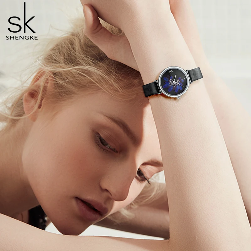 Shengke Творческий Для женщин часы наручные 2021 SK Кожаный ремешок для синий перо