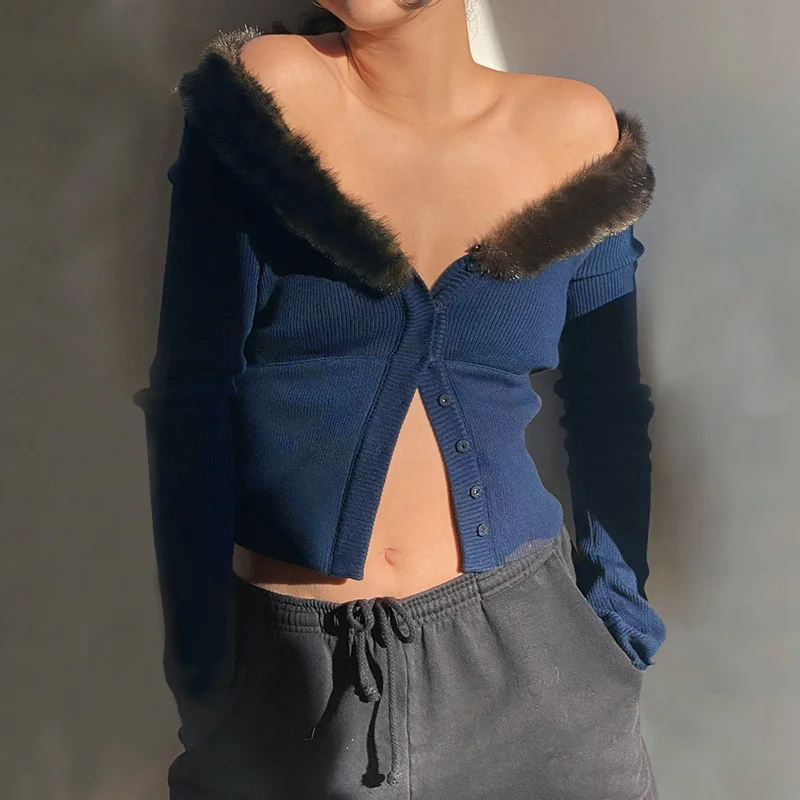 

2021 Women's Autumn and Winter New Yjdg Sexy Slim Fit Detachable Wool Collar Long Sleeve Temperament Cardigan