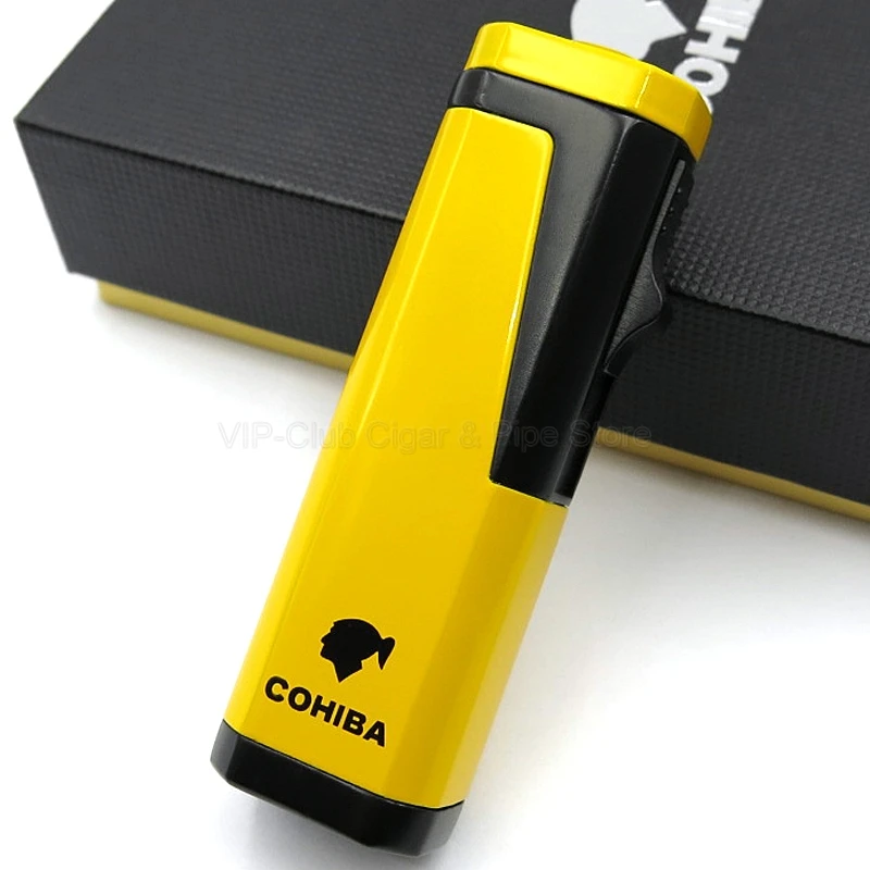 Cohiba Металл 3 фонарь Jet пламя сигарета зажигалка многоразового использования с удар гаджет инструмент для курения на открытом воздухе - Цвет: Yellow