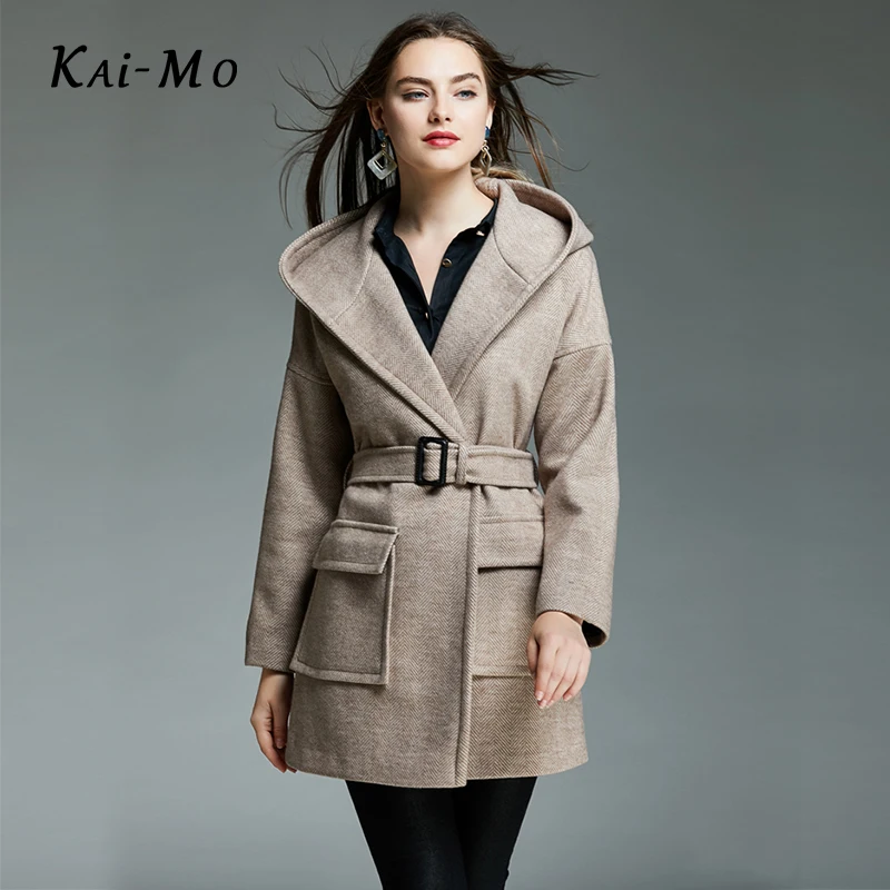 KAI MO Женская с длинным рукавом размера плюс шерстяная клетчатая капюшоном куртка