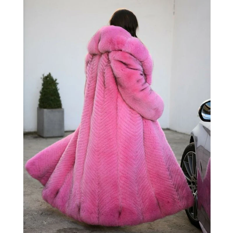 BFFUR 130cm Long Natural Fox Fur Coat 2022 New Trendy Rose Red X-Long Women High Quality Genuine Fox Fur Coat Luxury Outwear