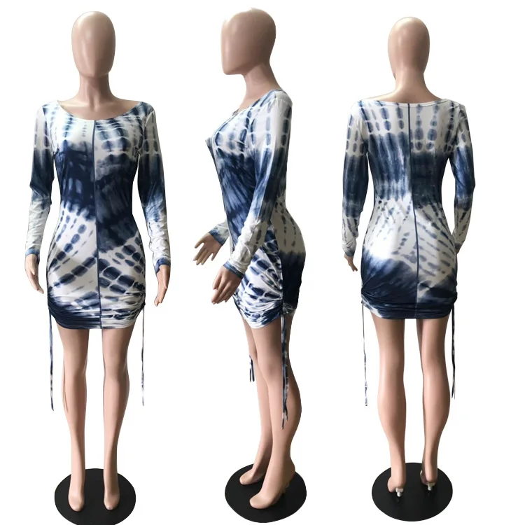 

Hot Selling Women Slash Neck Sexy Party Dress 2021 Spring Lady's Long Sleeve Bodycon Drawstring Lace-up Mini Dresses