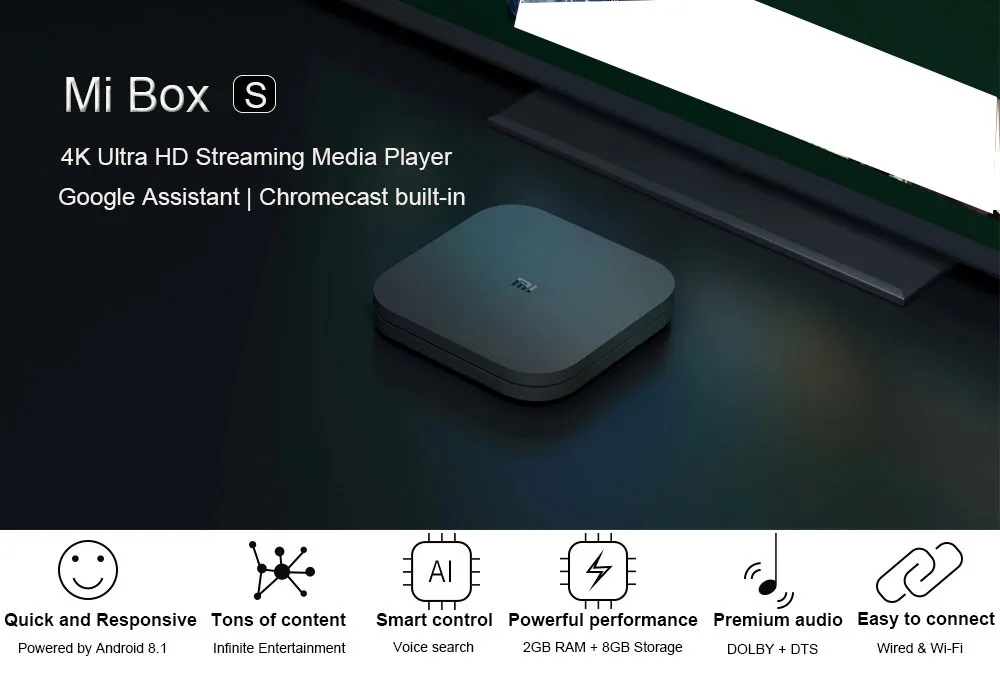 Xiaomi mi Box S 4K tv Box Cortex-A53 четырехъядерный 64 бит Mali-450 1000Mbp Android 8,1 2 ГБ+ 8 Гб HD mi 2,0 WiFi BT4.2