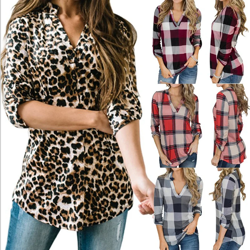 

Womens Tops and Blouses Casual V Neck Office Lady Plaid Shirt Plus Size Tunic Oversized Clothes 2020 Autumn Female Leopard Tops
