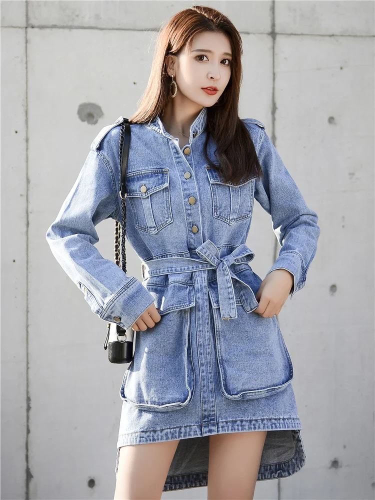 

Casual Heavy Craft Single-breasted High Collar Waist Belt Women's Loose Pleated Dress 2020New Women's Wear Fall Swing Dress XL