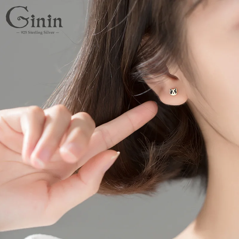 

Ginin 925 Sterling Silver Cute Golden Panda Stud Earrings For Women Korean Style Small Student Party Gift Fashion Jewelry