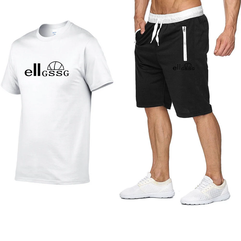 

Summer men's casual sports suit round neck short-sleeved T-shirt tie rope zipper pocket jogging shorts breathable solid color