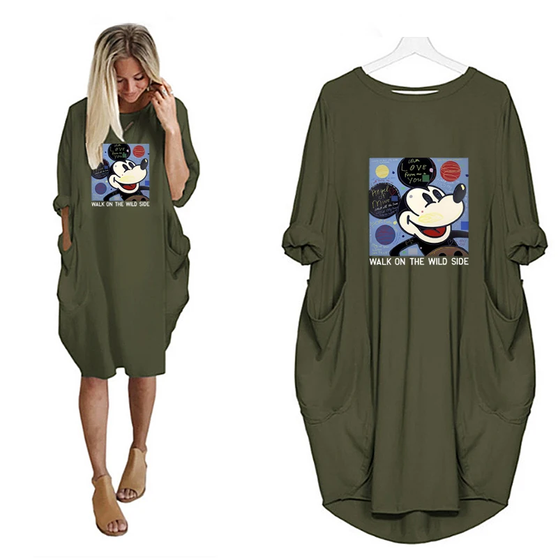 

2021 Disney Mickey Midi Dresses for Women Loose Harajuku Print Autumn Dress Robes Femme Pocket Vintage Casual Vestidos
