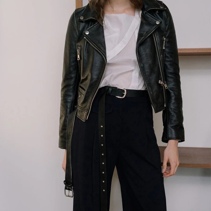 

DANG New Women Autumn Winter Black Faux Leather Jackets Zipper Basic Coat Turn-down Collar Motor Biker Jacket With Belt