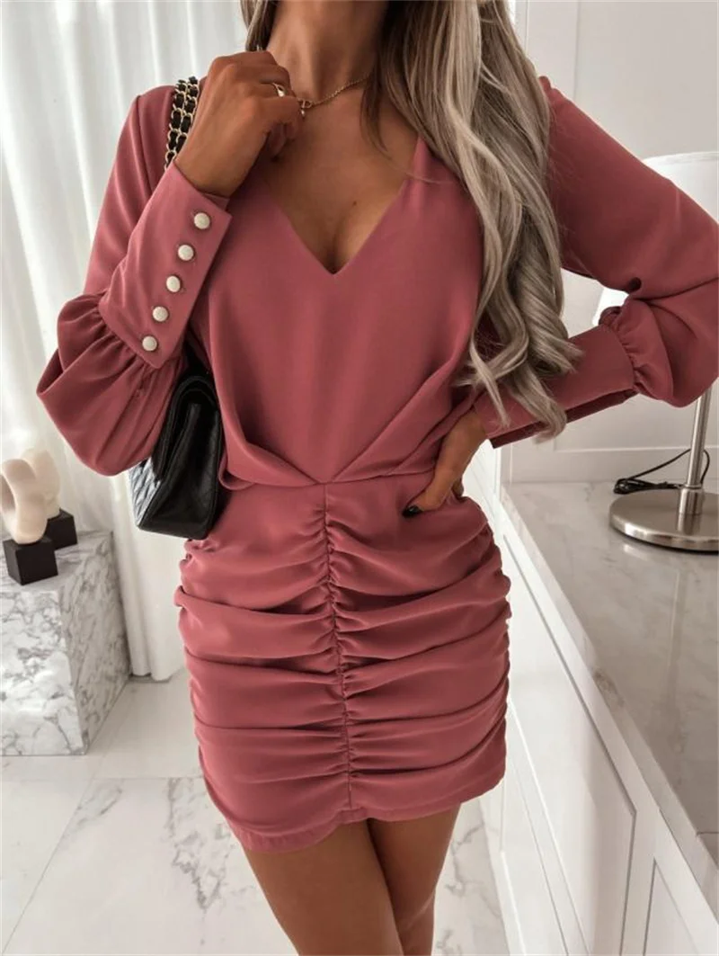 

2023 New Women Solid Color Dress Long Sleeves Fold Autumn Dress Europe And America Sexy V-neck Clothes Button Dress