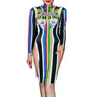 colorful striped backless high split fork dress personality pattern printing dresses nightclub dance wear stage costume women