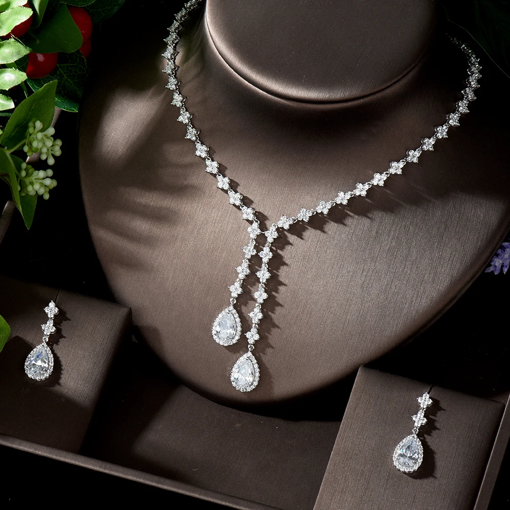 

HIBRIDE Fashion Cubic Zirconia Water Drop Pendant Necklace and Earrings Bridal Wedding Jewelry Sets for Brides Party N-1282