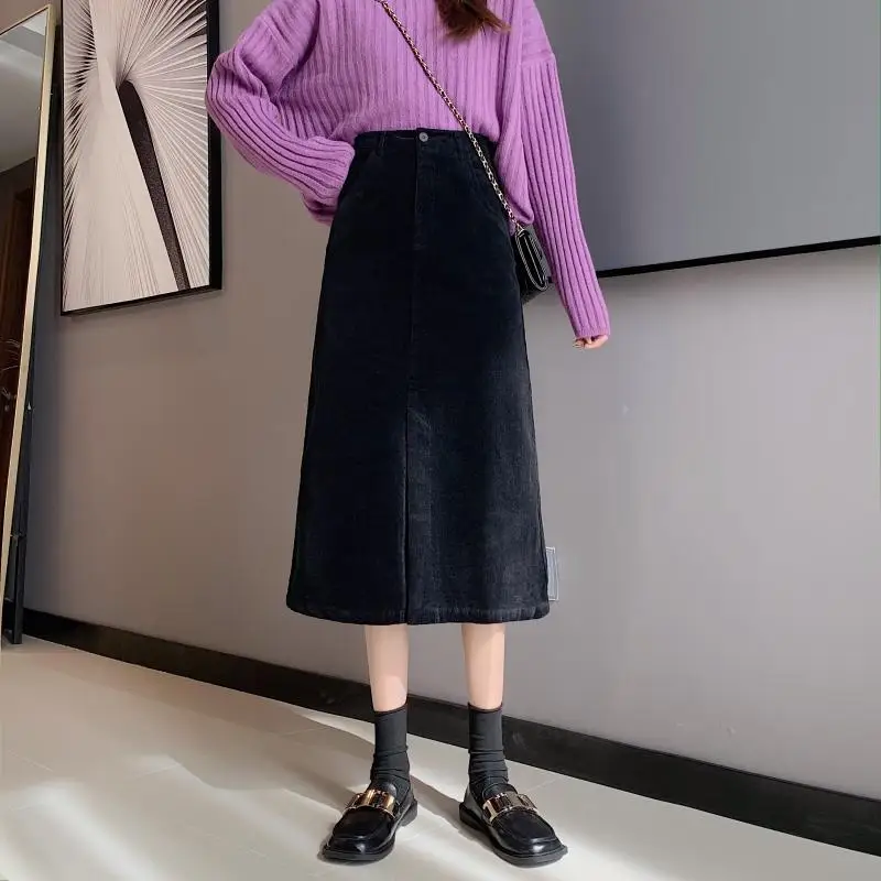 

High Waist Midi Corduroy Side Slit Skirt Women A-line Loose Streetwear Skirts Female Pockets Denim Skirts 2021 Autumn Winter