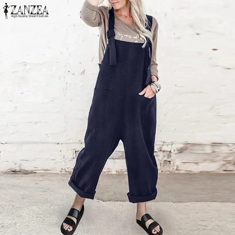 

Retro Linen Overalls Women's Summer Jumpsuits 2021 ZANZEA Causal Solid Playsuits Female Suspender Rompers Oversized Pants
