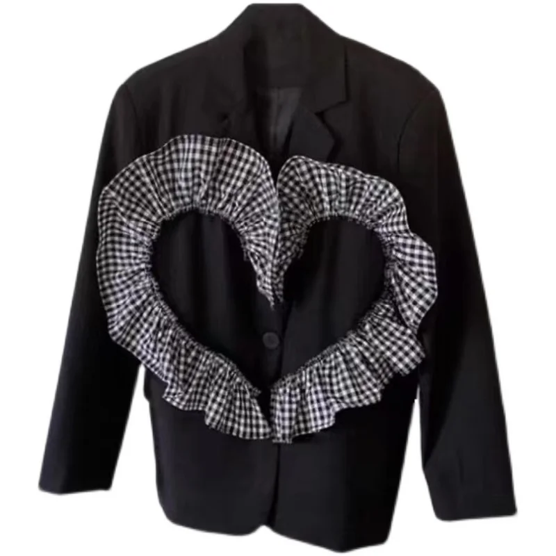 

GetSpring Women Blazer Detachable Ruffles Love Heart Stitching Suit Coat Single Breasted Long Sleeve Ladies Black Jacket Autumn