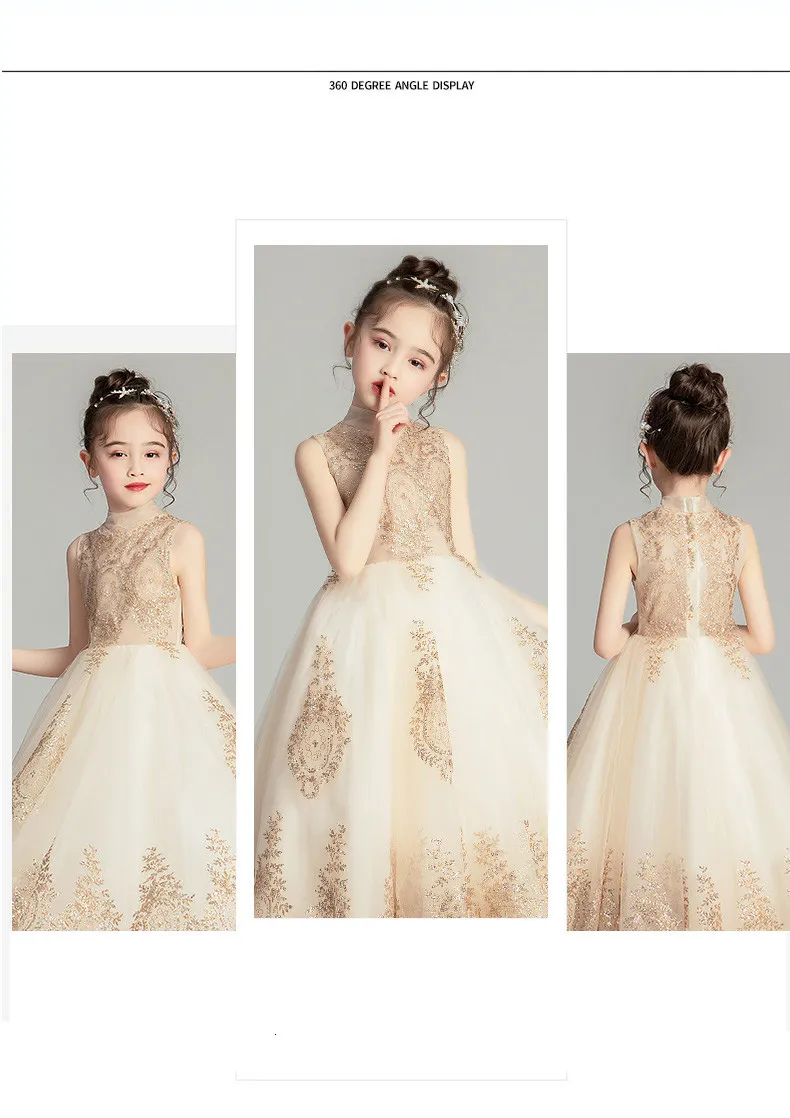Golden Sequin Lace Girl Wedding Dress Long Flower Girl Dress Princess Party First Communion Gown Baby Girl Baptism Pageant Gown