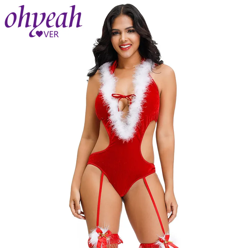 Ohyeahlover рождественское нижнее белье Тедди с открытой спиной перьями экзотическое