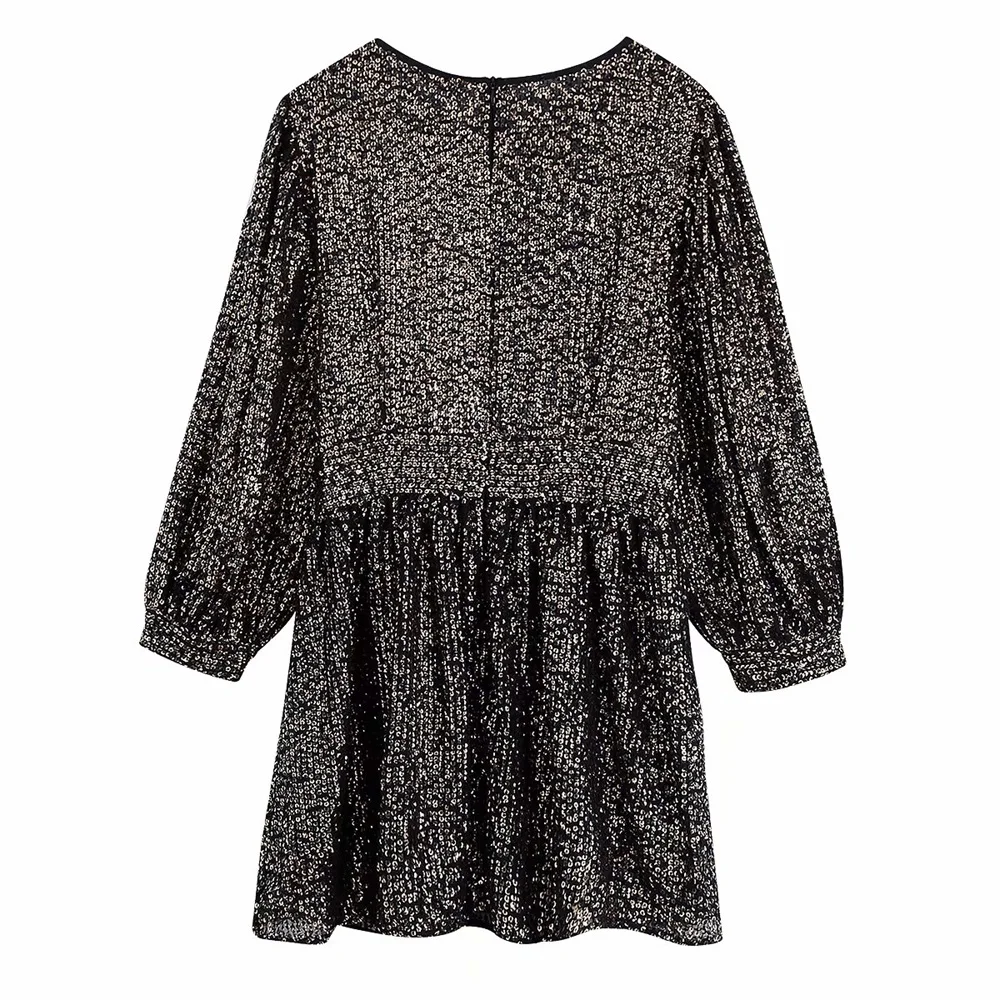 Женское Пышное мини платье Za с круглым вырезом и длинным рукавом контрастной