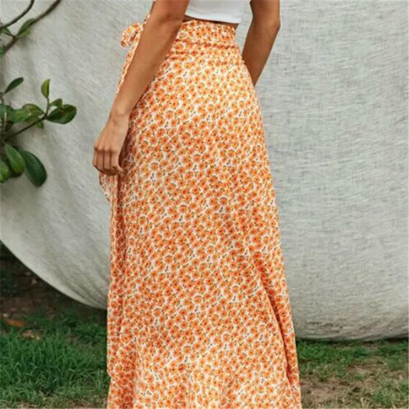 

Elegant Woman Long Maxi Skirts 2020 New Sexy Ladies Floral Printed Ruffles Vintage Irregular Skirt High Split Long Maxi Skirts