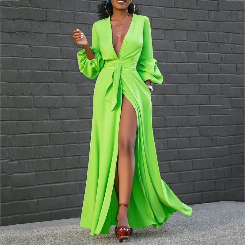 Платье в пол с разрезом и поясом рукав-фонарик простой пуловер макси платье