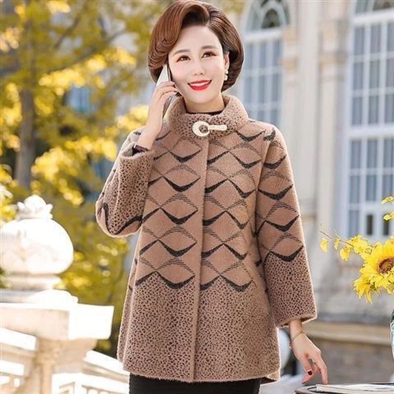 

Imitation Mink Cashmere Korean Sweater Cardigan Middle-aged Women Winter Knitted Jacket Print Loose Short Outwear Tops X487