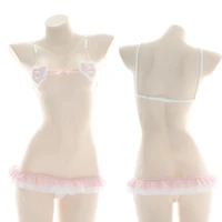 japanese sexy girl pink love plaid maid bikini suit kawaii ruffles cute lolita bandage pajamas 2pcs underwear panties set