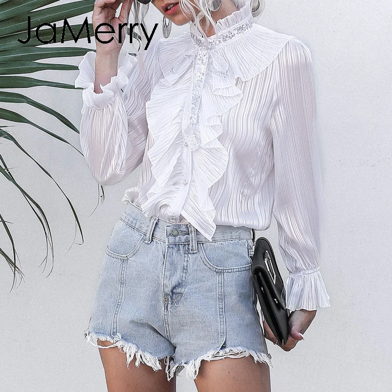 JaMerry Elegant white ruffled blouse shirt women Puff sleeve solid necktie female top Casual streetwear ladies shirts | Женская одежда