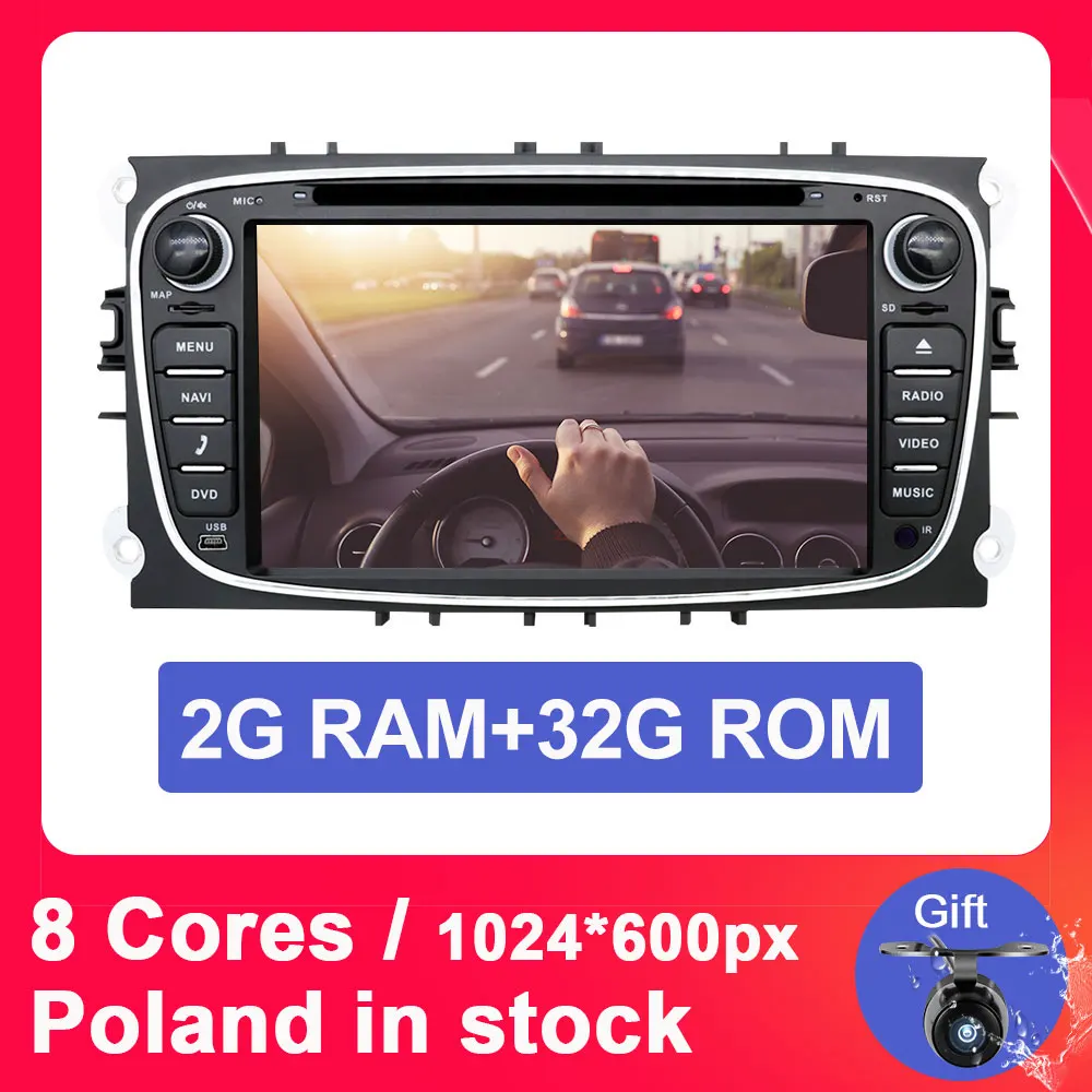 2G 32G BLACK T8 Eunavi 2 din Android 9,0 Восьмиядерный автомобильный dvd-плеер gps Navi для Ford Focus Galaxy с аудио Радио Стерео Wi-Fi головное устройство 1024*600 - Цвет: 2G 32G BLACK T8