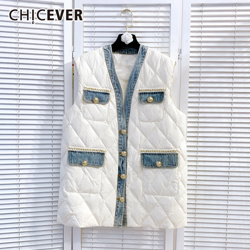 CHICEVER Лоскутные Джинсовые хлопчатобумажные Жилеты для женщин с v-образным вырезом
