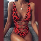 Слитный купальник с леопардовым принтом, женское бикини с глубоким V-образным вырезом, бандажный купальный костюм 2020, монокини, купальник, женские купальники