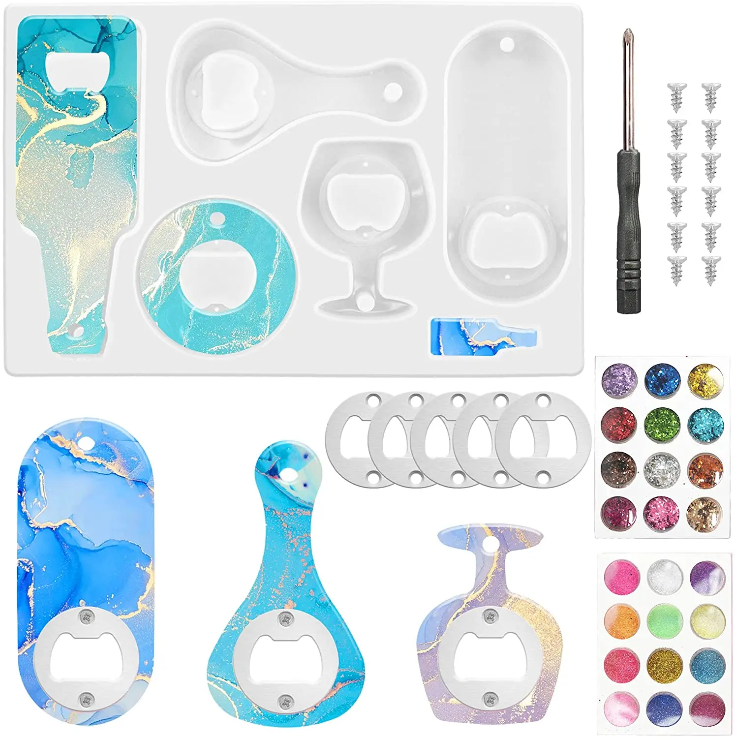 

DIY Beer Bottle Opener Mold Kit Stainless Steel Keychain Color Sequins Epoxy Resin Silicone Mold Accessories Handicraft Charm